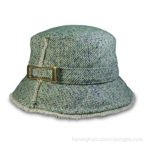 Women's Chunk Tweed Fabric Bucket Hat with Self-fabric Band, Golden Buckle and Frayed Brim Edge